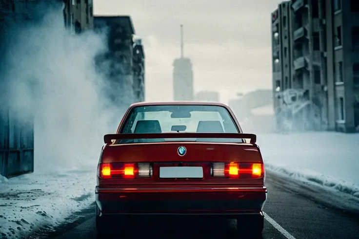 analog gloomy (close up shot) photo of a (red BMW E30 car, <lora:bmwe30:1>), rear view, ((speeding in an abandoned city (at midnight))), ((decayed apartment buildings in the background)), ((snow)), (horror movie), ((nighttime)), (midnight), ruins, claustrophobic, High Detail, Sharp focus, ((photorealism)), ((realistic)), best quality, 8k, award winning, dramatic lighting, epic, cinematic, masterpiece, backlit, contrejour, rim light, ambient fog:1.4, dutch angle, depth of field, volumetric lights,