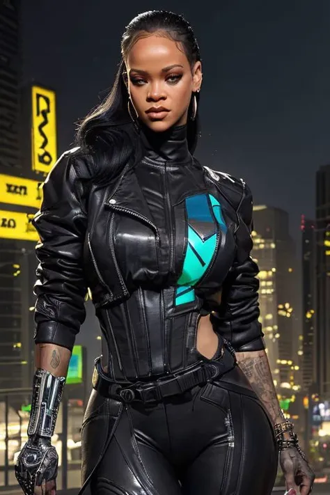 Create a masterpiece of the highest quality, wanostyle, (RAW photo, 4k, realistic, exquisitely detailed skin), featuring a life-like renditon of a medium shot of ((Rihanna)), working as a bounty hunter, donning a ((cybernetic right arm)), cybernetic cheekbones, (techwear jacket), eyewear on head, hair slicked back, accessories and earrings, with large saggy breasts, egypt. The setting is a moody, cyberpunk-style grand avenue, futuristic metropolis, cityscape, cyberpunk city, reminiscent of the game Cyberpunk 2077. The surroundings are bathed in vibrant purple and green neon lights, with store signs and adverts everywhere. Bright spotlights make the bounty hunter stand out. The mood of the scene is vibrant and nihilistic, showcasing the  woman in euphoria. She has a muted smile. Dynamic light, epic composition, intricately detailed background, slim body, big lips, black hair, brown eyes, earrings, eye contact, (front view), realistic, ultra-high quality, face close up, face shot, Fixhand, ((rgb)), vibrant technology background