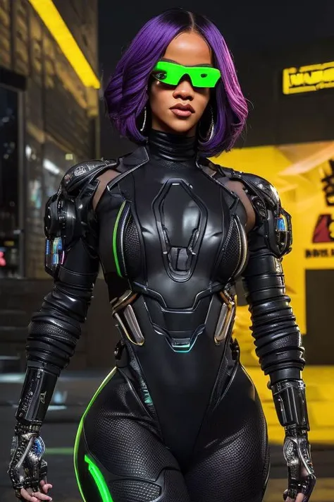 Create a masterpiece of the highest quality, wanostyle, (RAW photo, 4k, realistic, exquisitely detailed skin), featuring a life-like renditon of a medium shot of ((Rihanna)), working as a bounty hunter, donning a ((cybernetic right arm)), cybernetic cheekbones, (techwear jacket), eyewear on head, hair slicked back, accessories and earrings, with large saggy breasts, egypt. The setting is a moody, cyberpunk-style grand avenue, futuristic metropolis, cityscape, cyberpunk city, reminiscent of the game Cyberpunk 2077. The surroundings are bathed in vibrant purple and green neon lights, with store signs and adverts everywhere. Bright spotlights make the bounty hunter stand out. The mood of the scene is vibrant and nihilistic, showcasing the  woman in euphoria. She has a muted smile. Dynamic light, epic composition, intricately detailed background, slim body, big lips, black hair, brown eyes, earrings, eye contact, (front view), realistic, ultra-high quality, face close up, face shot, Fixhand, ((rgb)), vibrant technology background