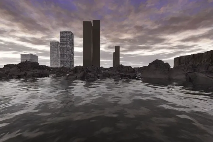 rocky coast made of gray stone, gray water reflects, thin rectangular square dark brown skyscrapers with rectangular vertical frequent narrow windows, a cooling tower can be seen on the side on a separate stone island, low gray clouds often seeping through, and a few dark orange ones, the sky is blue with a hint of purple on the horizon is white