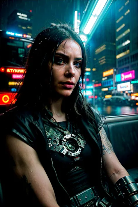 (cyberpunk style), (cyberpunk aesthetic character with a mechanical arm), Dystopian style 4K close-up medium shot at dawn, 1girl supergirl sitting in a bus; the image was taken inside a crowded bus, illuminated blue eyes; there is heavy rain, lit skyscrapers, and lightning in the background. . Bleak, post-apocalyptic, somber, dramatic, highly detailed . Bleak, post-apocalyptic, somber, dramatic, highly detailed., ai artwork by Quiron, neon light, rampage, cybernetic enhancements,
