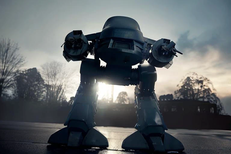 analog gloomy photo of a ((ED-209 robot, <lora:ed209:1>)), ((religious apocalypse:1.2)), snow, (horror ), ((nighttime)), a decayed dilapidated city, ruins, (explosions in the background), wet floor, (fire on the floor), High Detail, Sharp focus, (photorealism), realistic, best quality, 8k, award winning, dramatic lighting, epic, cinematic, masterpiece, rim light, ambient fog:1.3, dutch angle, depth of field,