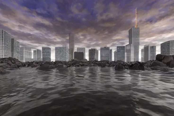rocky coast made of gray stone, gray water reflects, thin rectangular square dark brown skyscrapers with rectangular vertical frequent narrow windows, a cooling tower can be seen on the side on a separate stone island, low gray clouds often seeping through, and a few dark orange ones, the sky is blue with a hint of purple on the horizon is white
