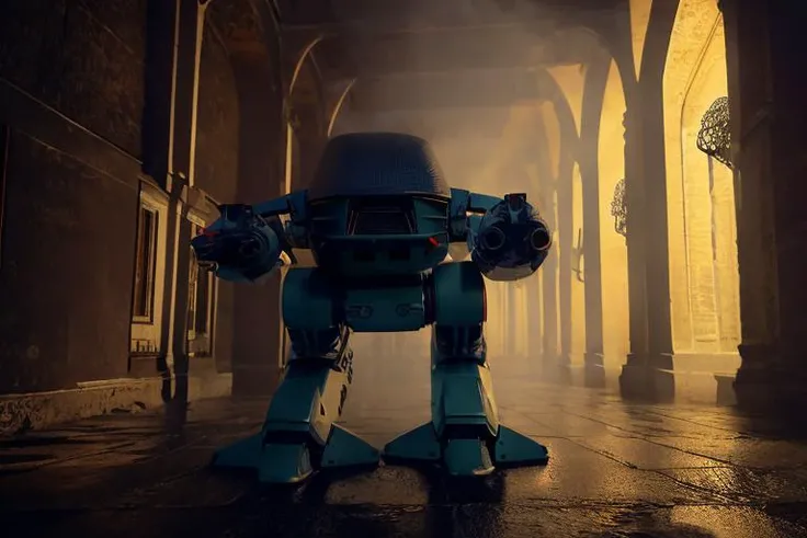 analog gloomy photo of a ((ED-209 robot, <lora:ed209:1>)), ((religious apocalypse:1.2)), snow, (horror ), ((nighttime)), a decayed dilapidated city, ruins, (explosions in the background), wet floor, (fire on the floor), High Detail, Sharp focus, (photorealism), realistic, best quality, 8k, award winning, dramatic lighting, epic, cinematic, masterpiece, rim light, ambient fog:1.3, dutch angle, depth of field,