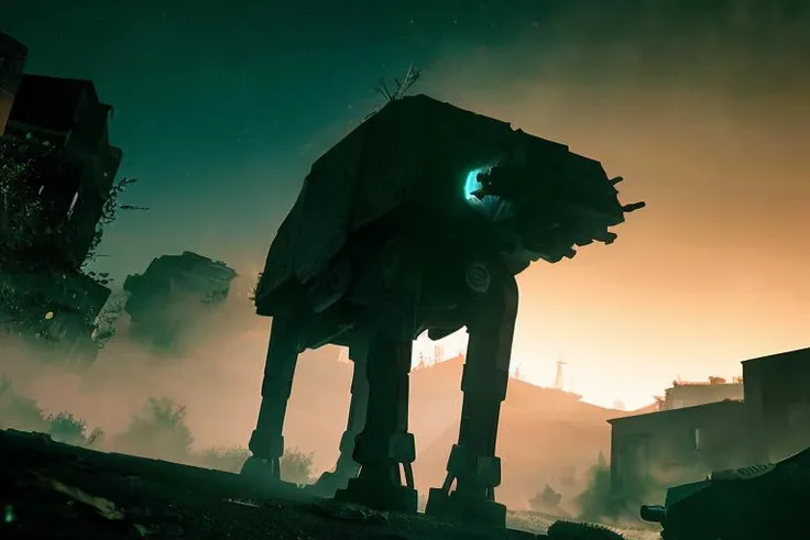 analog gloomy photo of a Star Wars (AT-AT robot, <lora:st4rw4ar54t4t:0.8>), (horror movie), ((nighttime)), (in a decayed dilapidated city at night), (explosions in the background), fire on the floor, shooting lasers, High Detail, Sharp focus, (photorealism:1.2), realistic, best quality, 8k, award winning, dramatic lighting, epic, cinematic, masterpiece, rim light, ambient fog:1.3, dutch angle, depth of field, volumetric lights,