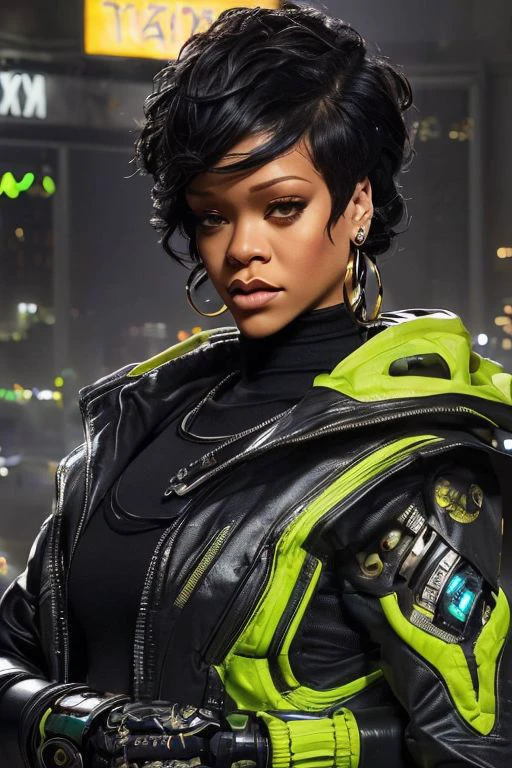 Create a masterpiece of the highest quality, wanostyle, (RAW photo, 4k, realistic, exquisitely detailed skin), featuring a life-like renditon of a medium shot of ((Rihanna)), working as a bounty hunter, donning a ((cybernetic right arm)), cybernetic cheekbones, (techwear jacket), eyewear on head, hair slicked back, accessories and earrings, with large saggy breasts, egypt. The setting is a moody, cyberpunk-style grand avenue, futuristic metropolis, cityscape, cyberpunk city, reminiscent of the game Cyberpunk 2077. The surroundings are bathed in vibrant purple and green neon lights, with store signs and adverts everywhere. Bright spotlights make the bounty hunter stand out. The mood of the scene is vibrant and nihilistic, showcasing the woman in euphoria. She has a muted smile. Dynamic light, epic composition, intricately detailed background, slim body, big lips, black hair, brown eyes, earrings, eye contact, (front view), realistic, ultra-high quality, face close up, face shot, Fixhand, ((rgb)), vibrant technology background