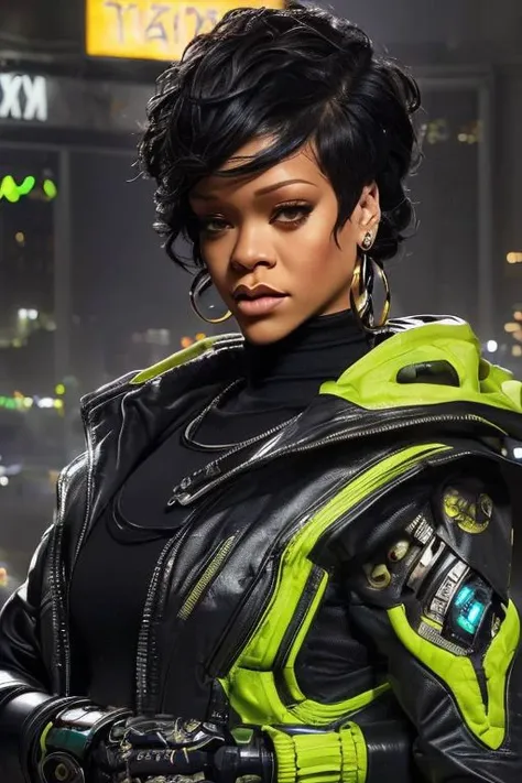 Create a masterpiece of the highest quality, wanostyle, (RAW photo, 4k, realistic, exquisitely detailed skin), featuring a life-like renditon of a medium shot of ((Rihanna)), working as a bounty hunter, donning a ((cybernetic right arm)), cybernetic cheekbones, (techwear jacket), eyewear on head, hair slicked back, accessories and earrings, with large saggy breasts, egypt. The setting is a moody, cyberpunk-style grand avenue, futuristic metropolis, cityscape, cyberpunk city, reminiscent of the game Cyberpunk 2077. The surroundings are bathed in vibrant purple and green neon lights, with store signs and adverts everywhere. Bright spotlights make the bounty hunter stand out. The mood of the scene is vibrant and nihilistic, showcasing the  woman in euphoria. She has a muted smile. Dynamic light, epic composition, intricately detailed background, slim body, big lips, black hair, brown eyes, earrings, eye contact, (front view), realistic, ultra-high quality, face close up, face shot, Fixhand, ((rgb)), vibrant technology background