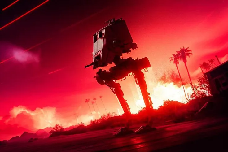 analog gloomy photo of a Star Wars ((AT-ST robot, <lora:st4rw4r54t5t:1>)), walking through a neon new york city avenue at night, explosions in the background, fire, lasers, outrun, synthwave, retrowave, purple sky, ((cyberpunk)), High Detail, Sharp focus, ((photorealism:1.2)), realistic, best quality, 8k, award winning, dramatic lighting, epic, cinematic, masterpiece, dutch angle, sports photography, ambient fog:1.3, volumetric lights,