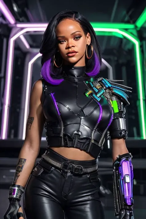 Create a masterpiece of the highest quality, wanostyle, (RAW photo, 4k, realistic, exquisitely detailed skin), featuring a life-like renditon of a medium shot of ((Rihanna)), working as a bounty hunter, donning a ((cybernetic right arm)), cybernetic cheekbones, (techwear jacket), eyewear on head, hair slicked back, accessories and earrings, with large saggy breasts, egypt. The setting is a moody, cyberpunk-style grand avenue, futuristic metropolis, cityscape, cyberpunk city, reminiscent of the game Cyberpunk 2077. The surroundings are bathed in vibrant purple and green neon lights, with store signs and adverts everywhere. Bright spotlights make the bounty hunter stand out. The mood of the scene is vibrant and nihilistic, showcasing the  woman in euphoria. She has a muted smile. Dynamic light, epic composition, intricately detailed background, slim body, big lips, black hair, brown eyes, earrings, eye contact, (front view), realistic, ultra-high quality, face close up, face shot, Fixhand, ((rgb)), vibrant technology background