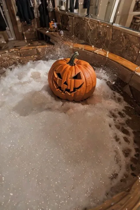 masterpiece, 
1boy, Pumpkinhead, (scrubbing | brushing | washing |cleaning) his hairy chest,
mypeephole, naked man in bubble bath, 
bubble bath, soap foam,