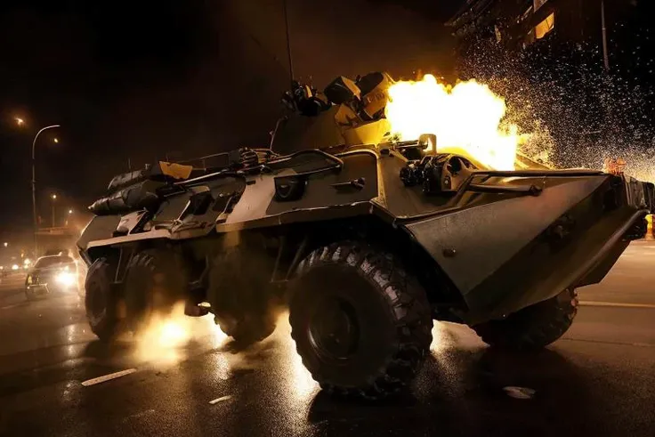 analog gloomy photo of a black eight wheeler (BTR-80, <lora:btr80:1>), from behind, racing down a neon city avenue at night, shooting, buildings on fire, outrun, explosions in the background, High Detail, Sharp focus, ((photorealism)), realistic, best quality, 8k, award winning, dramatic lighting, epic, cinematic, masterpiece, dutch angle, ambient fog:1.5, volumetric lights,