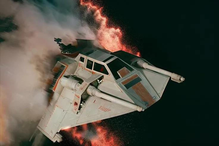 analog gloomy aerial photo of a Star Wars (Snowspeeder, <lora:st4rw4r55n0wsp33d3r:1>), ((nighttime)), (flying low through a city on fire), (explosions in the background), (lasers), High Detail, Sharp focus, (photorealism), realistic, best quality, 8k, award winning, dramatic lighting, epic, cinematic, masterpiece, rim light, (action movie), war, depth of field, dutch angle, motion blur, volumetric lights, ambient fog:1.3