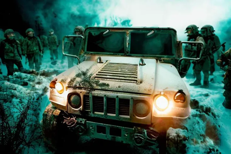 analog gloomy photo of an arctic camo HUMVEE car, <lora:humv33:1.0>, ((zombie apocalypse:1.2)), ((surrounded by zombies:1.3)), (living dead), ((winter)), ((snow)), (horror ), ((nighttime)), driving through a decayed city, ruins, dilapidated buildings, ((green fumes)), High Detail, Sharp focus, (photorealism), realistic, best quality, 8k, award winning, dramatic lighting, epic, cinematic, masterpiece, rim light, ambient fog:1.2,