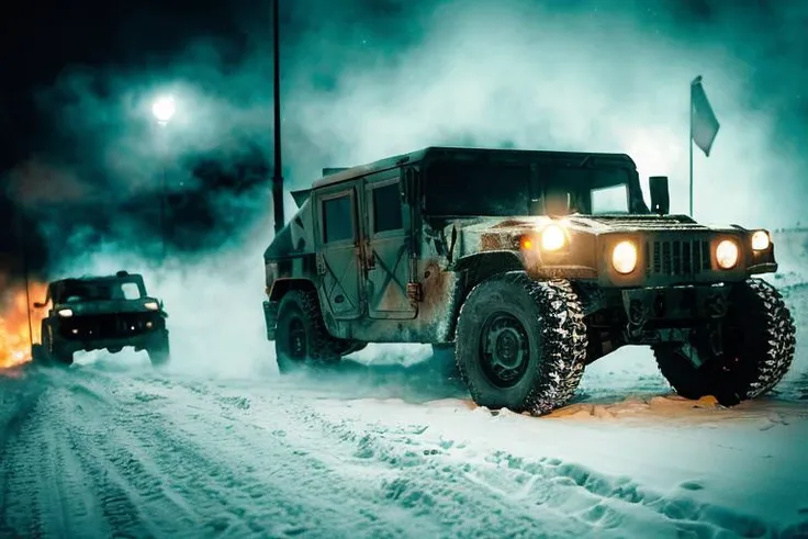analog gloomy photo of an arctic camo HUMVEE car, <lora:humv33:1.0>, ((zombie apocalypse:1.4)), ((surrounded by zombies:1.3)), (living dead), ((winter)), ((snow)), (horror ), ((nighttime)), driving through a decayed city, ruins, dilapidated buildings, ((green fumes:1.2)), High Detail, Sharp focus, (photorealism), realistic, best quality, 8k, award winning, dramatic lighting, epic, cinematic, masterpiece, rim light, ambient fog:1.2,