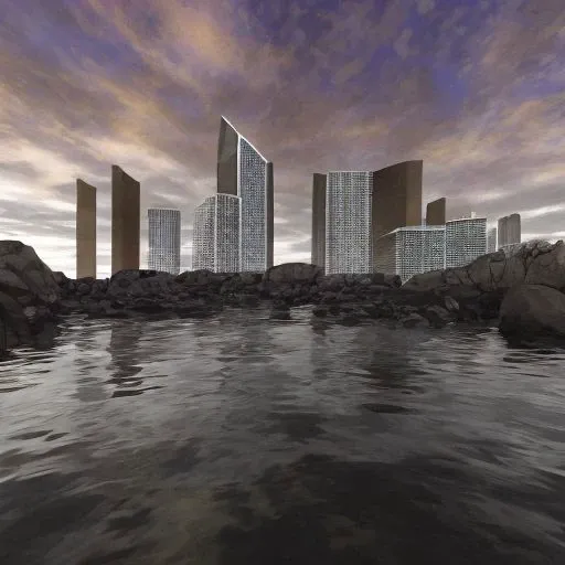 rocky coast made of gray stone, gray water reflects, thin rectangular square dark brown skyscrapers with rectangular vertical frequent narrow windows, a cooling tower can be seen on the side on a separate stone island, low gray clouds often seeping through, and a few dark orange ones, the sky is blue with a hint of purple on the horizon is white