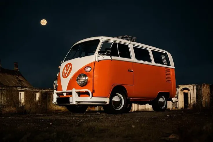 analog gloomy photo of an orange volkswagen kombi, <lora:vwk0mb1:1>, ((haunted house:1.2)), zombie apocalypse, (abandoned town at (midnight)), (full moon), (winter), (snow), ((horror )), ((nighttime)), driving through a decayed city, ruins, dilapidated buildings, High Detail, Sharp focus, (photorealism), realistic, best quality, 8k, award winning, dramatic lighting, epic, cinematic, masterpiece, rim light, ambient fog:1.2,