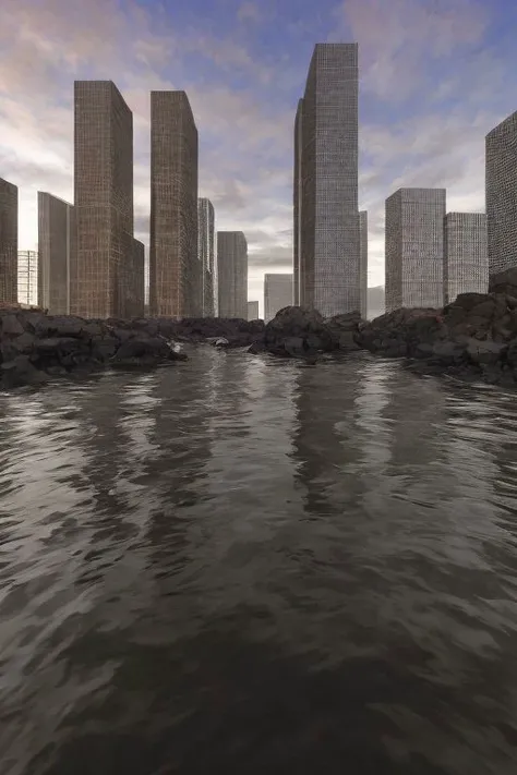 rocky coast made of gray stone, gray water reflects, thin rectangular square dark brown skyscrapers with rectangular vertical frequent narrow windows, a cooling tower can be seen on the side on a separate stone island, low gray clouds often seeping through, and a few dark orange ones, the sky is blue with a hint of purple on the horizon is white