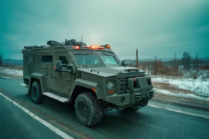 analog gloomy photo of a SWAT armored car, <lora:sw4tb34rc4t:1>, ((zombie apocalypse:0.6)), (crows), (living dead), (winter), (snow), (horror ), ((nighttime)), a deserted city, ruins, abandoned buildings, High Detail, Sharp focus, (photorealism), realistic, best quality, 8k, award winning, dramatic lighting, epic, cinematic, masterpiece, rim light, ambient fog:1.3, dutch angle, depth of field,