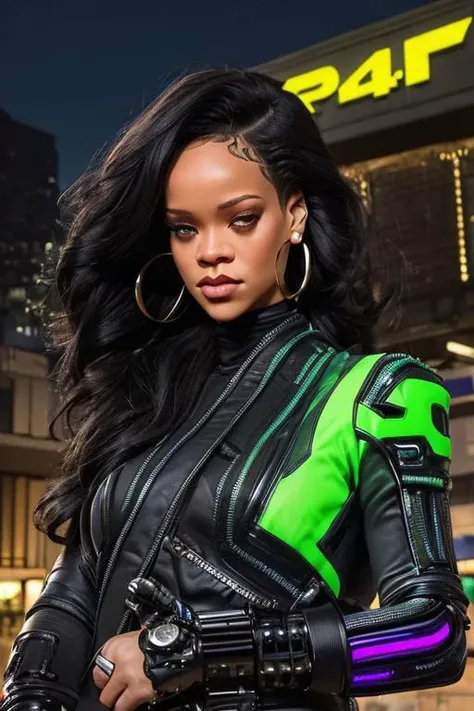 Create a masterpiece of the highest quality, wanostyle, (RAW photo, 4k, realistic, exquisitely detailed skin), featuring a life-like renditon of a medium shot of ((Rihanna)), working as a bounty hunter, donning a ((cybernetic right arm)), cybernetic cheekbones, (techwear jacket), eyewear on head, hair slicked back, accessories and earrings, with large saggy breasts, egypt. The setting is a moody, cyberpunk-style grand avenue, futuristic metropolis, cityscape, cyberpunk city, reminiscent of the game Cyberpunk 2077. The surroundings are bathed in vibrant purple and green neon lights, with store signs and adverts everywhere. Bright spotlights make the bounty hunter stand out. The mood of the scene is vibrant and nihilistic, showcasing the  woman in euphoria. She has a muted smile. Dynamic light, epic composition, intricately detailed background, slim body, big lips, black hair, brown eyes, earrings, eye contact, (front view), realistic, ultra-high quality, face close up, face shot, Fixhand, ((rgb)), vibrant technology background