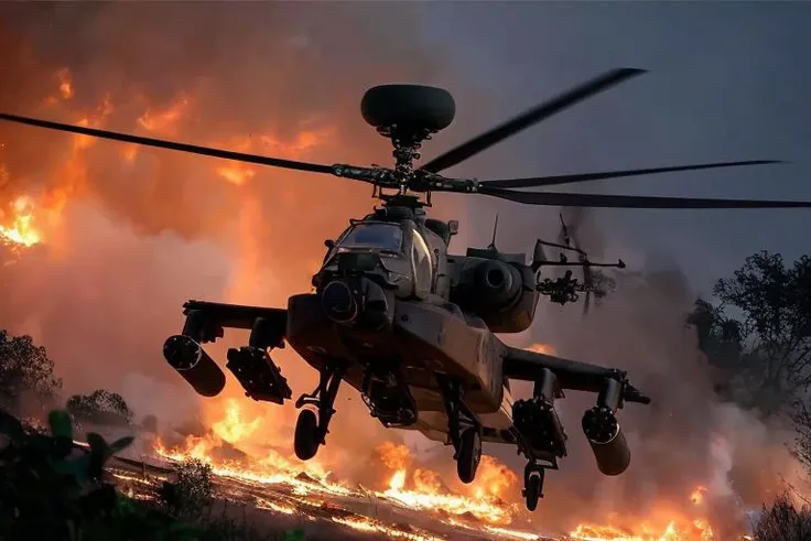 analog gloomy aerial photo of an (Apache helicopter, <lora:ap4ch3:1>), ((nighttime)), (flying over Vietnam jungle (on fire) at night), (explosions on the ground), barricades, (tracer gunfire), High Detail, Sharp focus, (photorealism), realistic, best quality, 8k, award winning, dramatic lighting, epic, cinematic, masterpiece, rim light, (action movie), war,  depth of field, dutch angle,