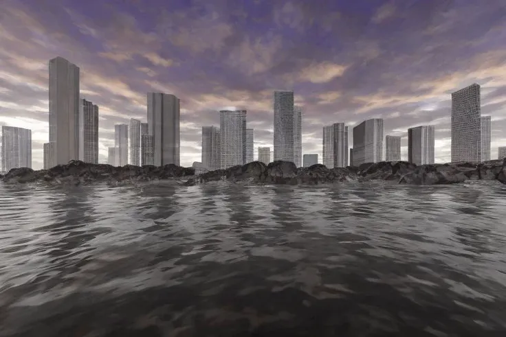 rocky coast made of gray stone, gray water reflects, thin rectangular square dark brown skyscrapers with rectangular vertical frequent narrow windows, a cooling tower can be seen on the side on a separate stone island, low gray clouds often seeping through, and a few dark orange ones, the sky is blue with a hint of purple on the horizon is white