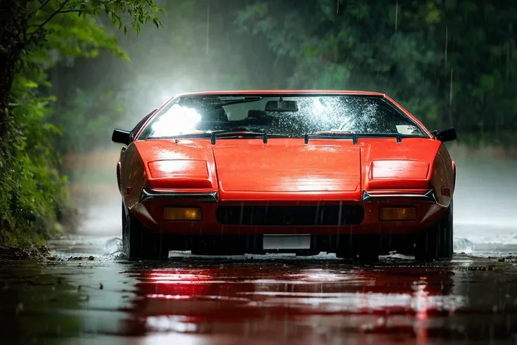 analog gloomy photo of a red Pantera car, <lora:p4nt3r4:0.9>, escaping through the jungle ((at night)), ((heavy rain)), ((nighttime)), splashing, skidding, high speed, sports photography, High Detail, Sharp focus, (photorealism), realistic, best quality, 8k, award winning, dramatic lighting, epic, cinematic, masterpiece, rim light, ambient fog:1.3, dutch angle, wide angle lens, skinny shutter,