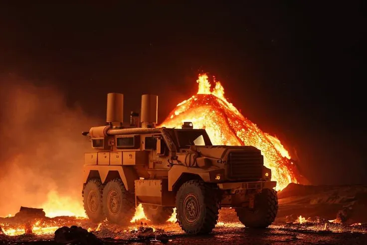 analog gloomy (close up shot) photo of a (6x6 MRAP,  <lora:mr4p:1>), (escaping from fire and lava (at night)), volcano eruuption, ((at night)), (horror movie), ((nighttime)), (midnight), (surrounded by lava:1.2), apocalyptic, High Detail, Sharp focus, (photorealism), realistic, best quality, 8k, award winning, dramatic lighting, epic, cinematic, masterpiece, backlit, rim light, ambient fog:1.5, dutch angle, low angle view, depth of field,