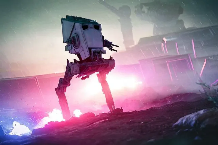 analog gloomy photo of a Star Wars ((AT-ST robot, <lora:st4rw4r54t5t:1>)), walking through a neon new york city avenue at night, explosions in the background, fire, lasers, outrun, synthwave, retrowave, purple sky, ((cyberpunk)), High Detail, Sharp focus, ((photorealism:1.2)), realistic, best quality, 8k, award winning, dramatic lighting, epic, cinematic, masterpiece, dutch angle, sports photography, ambient fog:1.3, volumetric lights,