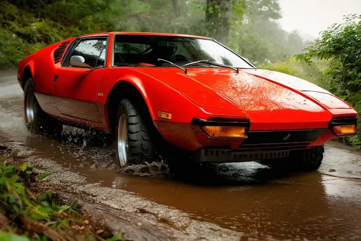 analog gloomy photo of a red Pantera car, <lora:p4nt3r4:0.9>, escaping through the jungle ((at night)), ((heavy rain)), ((nighttime)), splashing, skidding, high speed, sports photography, High Detail, Sharp focus, (photorealism), realistic, best quality, 8k, award winning, dramatic lighting, epic, cinematic, masterpiece, rim light, ambient fog:1.3, dutch angle, wide angle lens, skinny shutter,
