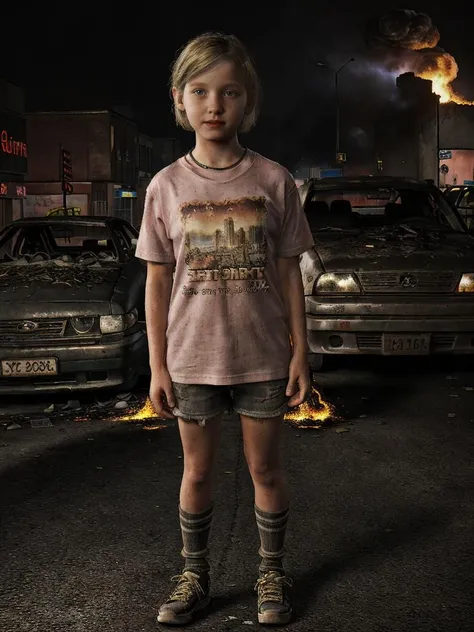 <lora:Sarah_TLOU_(Face):0.9>
(a full body photographs of the medium blonde hair 12 year old sarah from the last of us in a checkered t-shirt standing and being scared in a burning city at night with so many wrecked cars)
1girl, solo, solo focus, hard focus, film grain, 4K, high-detail, volumetric lighting, best quality, masterpiece, intricate details, hyper detailed