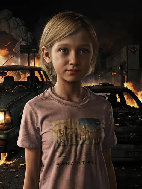 <lora:Sarah_TLOU_(Face):0.7>
(a medium blonde hair 12 year old sarah from the last of us in a checkered t-shirt standing and being scared in a burning city at night with so many wrecked cars)
1girl, solo, solo focus, hard focus, film grain, 4K, high-detail, volumetric lighting, best quality, masterpiece, intricate details, hyper detailed