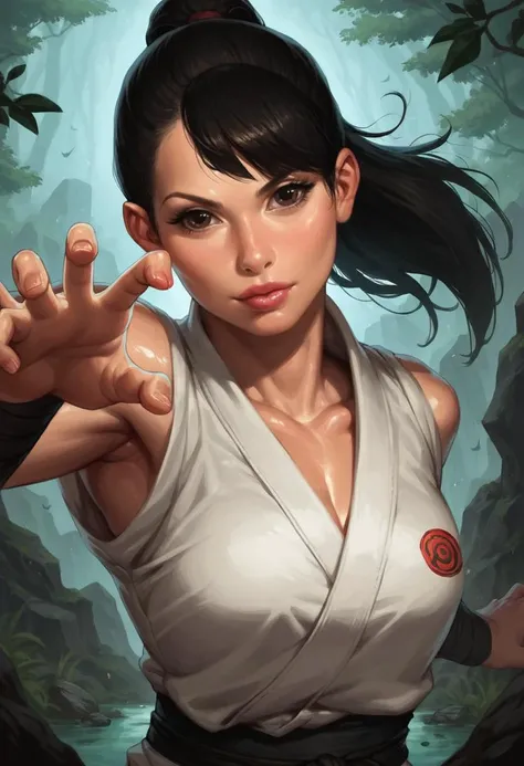 realistic, score_9, score_8_up, score_7_up, score_6, score_5, score_4, 1girl, dark theme, low light, oiled skin, outdoors, ninja warrior, Studio Ghibli, dynamic pose, motion lines, fierce eyes