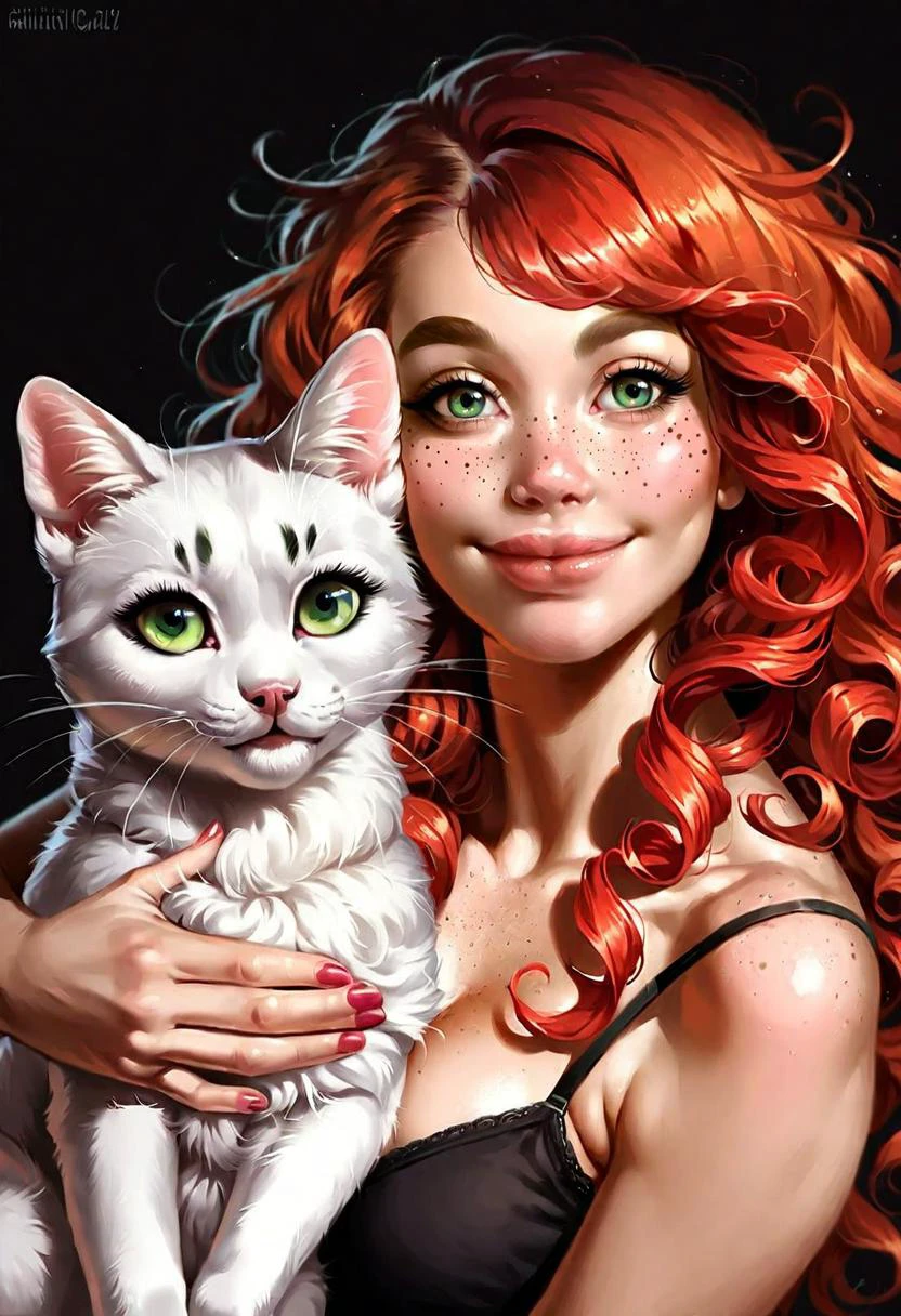 very beautiful and aesthetic, raw photo, realistic, score_9, score_8_up, score_7_up, score_6, score_5, score_4, source_anime, rating_safe, dark theme, 1girl, freckles, green eyes, cat, long hair, animal, orange hair, looking at viewer, holding animal, holding, upper body, lips, solo, holding cat, black background, closed mouth, hug, smile, bare shoulders, curly hair, eyelashes, animal hug, sidelighting, simple background, wavy hair, artist name, camisole, nose, thick eyebrows, red hair, messy hair, white cat, realistic, watermark, bangs, spaghetti strap