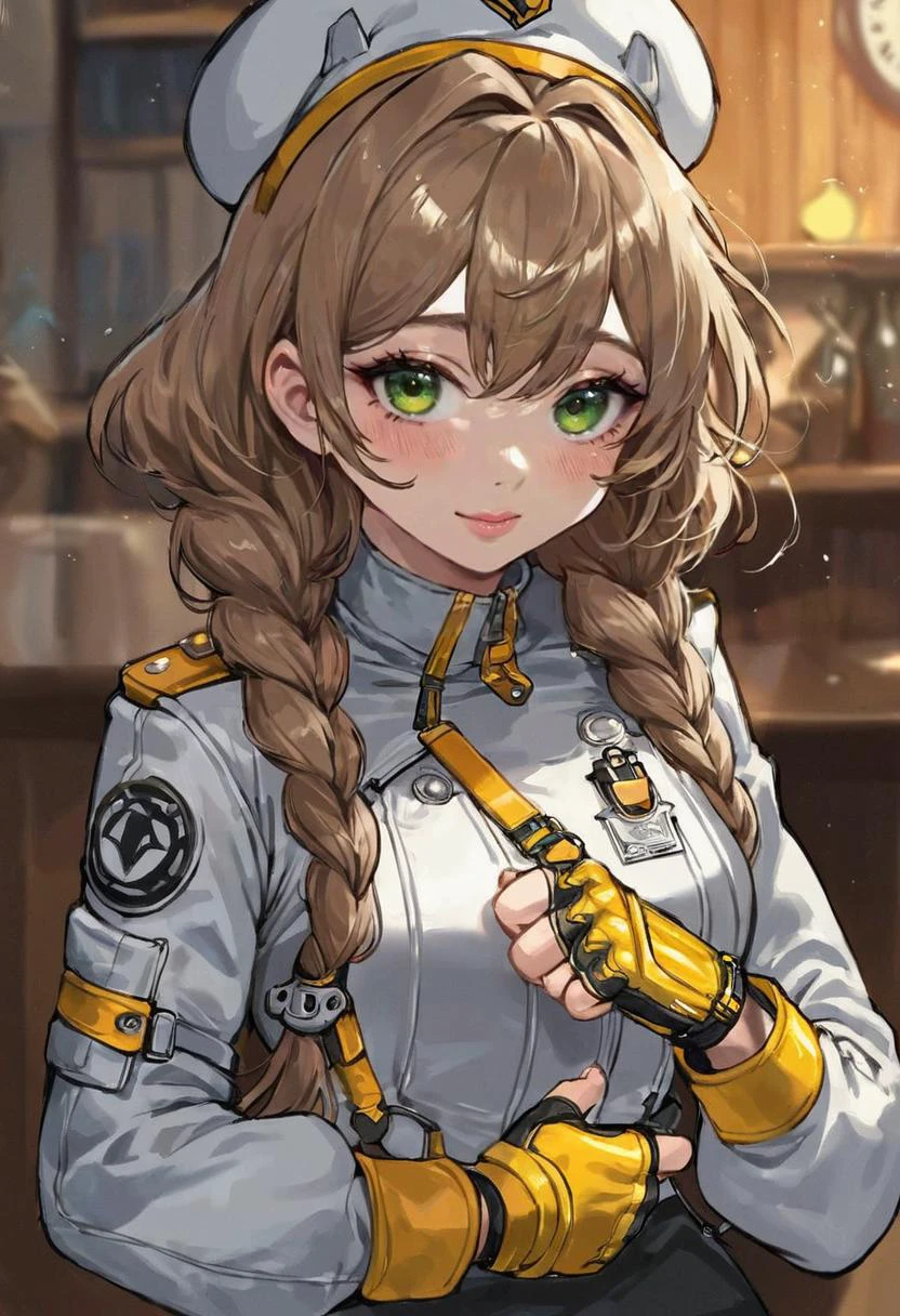 realistic, concept art, score_9, score_8_up, score_7_up, score_6, score_5, score_4, big adorable eyes, shiny skin, oiled skin,detailed_background,indoors,green eyes,jacket,goddess of victory: nikke,long sleeves,blush,braid,solo,white jacket,1girl,totatokeke,cropped torso,upper body,brown hair,chime \(nikke\),gloves,puffy sleeves,puffy long sleeves,:3,chibi,twin braids,fingerless gloves,long hair,yellow gloves,holding