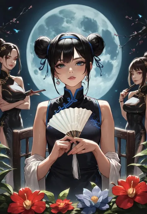 realistic, concept art, score_9, score_8_up, score_7_up, score_6, score_5, score_4, big adorable eyes, shiny skin, oiled skin, ,detailed_background,outdoors,dress,hand fan,highres,black eyes,chair,solo focus,hong lu \(project moon\),double bun,chinese clothes,character request,1boy,hairband,branch,hair bun,limbus company,flaw eight,multiple others,6+others,black hair,string,heterochromia,flower,project moon,china dress,string of fate,blue hairband,high ponytail,blue eyes