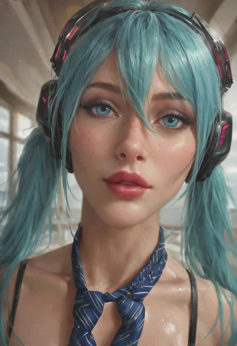 realistic, concept art, score_9, score_8_up, score_7_up, score_6, score_5, score_4, big adorable eyes, shiny skin, oiled skin,detailed_background,indoors,clouds,close,signed,twintails,tie,sky,asaya-bigun,aqua hair,aqua eyes,vocaloid,long hair