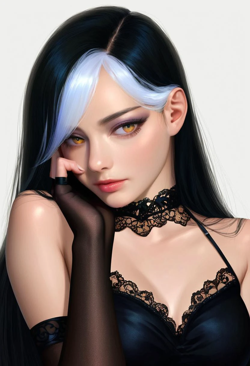 score 9, score 8 up, score 7 up, source anime, extremely detailed, beautiful face, perfect hands, perfect body, realistic,
1girl, solo, long black hair, white streaks, multicolored hair, pale skin, black makeup, hair behind ear, golden eyes,
black gothic dress, black lace choker, bare shoulders, fingerless elbow gloves,
portrait, bust, arms crossed, hand to face, in ruins, at night, dramatic lighting