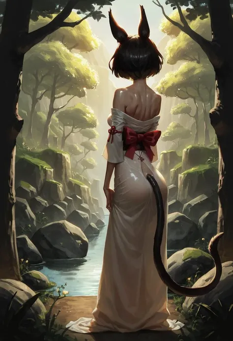 realistic, score_9, score_8_up, score_7_up, score_6, score_5, score_4, 1girl, dark theme, low light, oiled skin, ,detailed_background,outdoors,asian clothes,swkl:d,animal ears,honkai: star rail,tingyun,tail