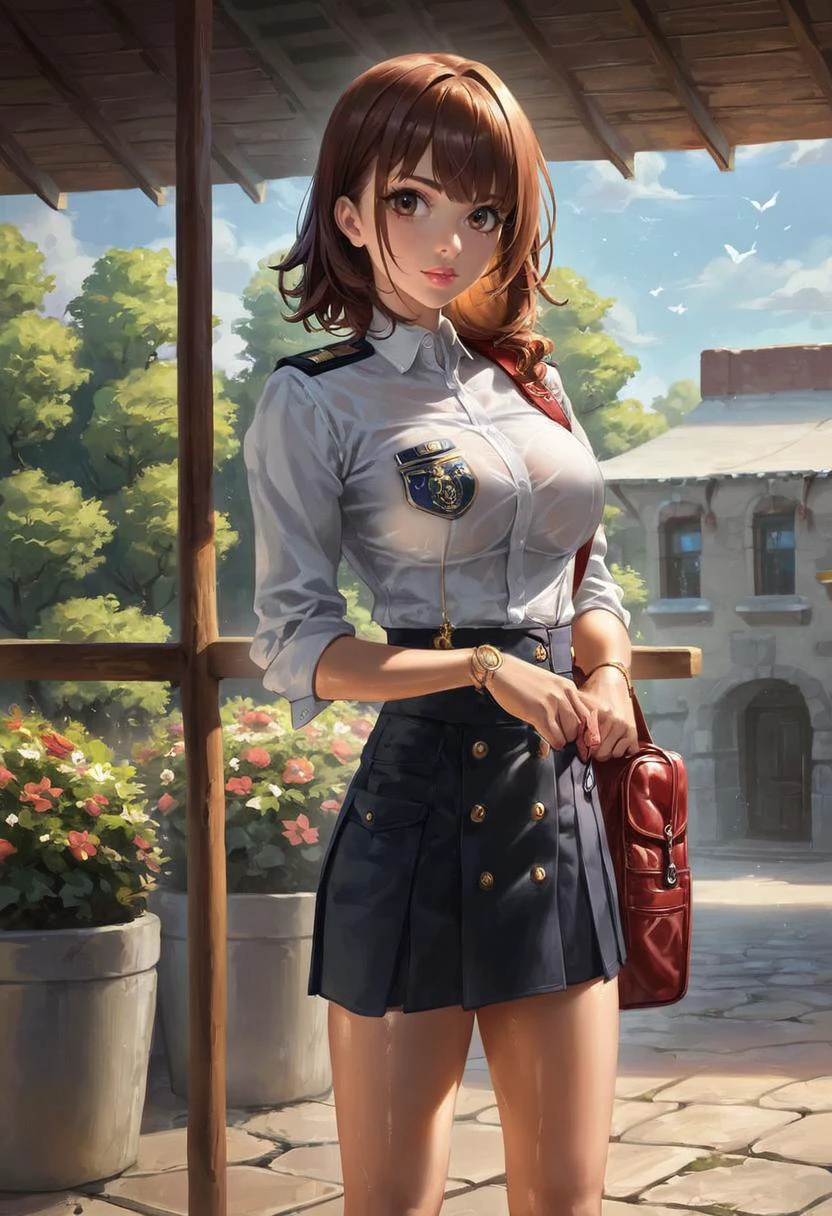 realistic, concept art, score_9, score_8_up, score_7_up, score_6, score_5, score_4, big adorable eyes, shiny skin, oiled skin, ,detailed_background,outdoors,the idolm@ster,the idolm@ster shiny colors,nanakusa nichika,disc cover,aketa mikoto,uniform