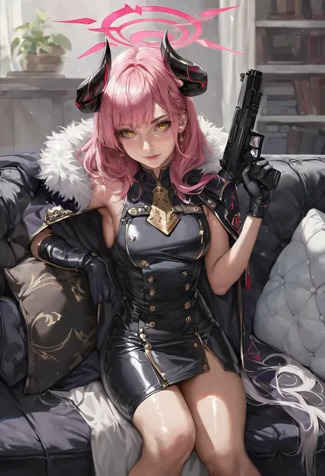 realistic, concept art, score_9, score_8_up, score_7_up, score_6, score_5, score_4, big adorable eyes, shiny skin, oiled skin,detailed_background,indoors,orange eyes,mbr90munouk,signed,couch,blue archive,cape,gloves,shirt,skirt,horns,weapon,halo,gun,pink hair,rikuhachima aru