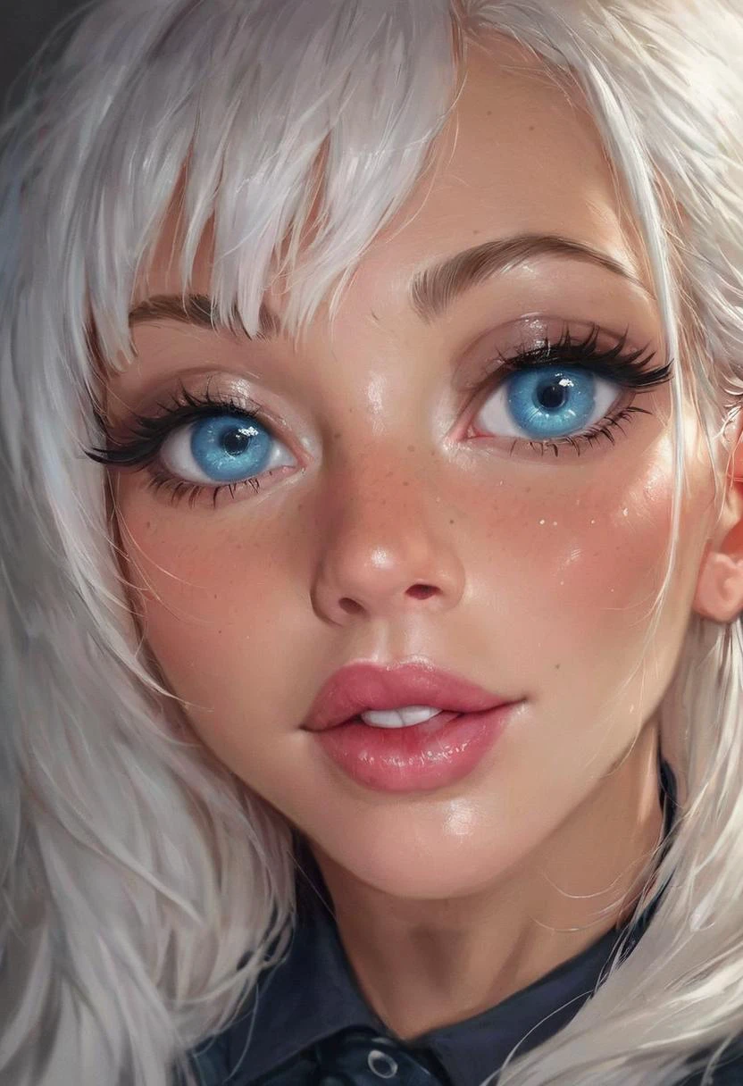 realistic, concept art, score_9, score_8_up, score_7_up, score_6, score_5, score_4, big adorable eyes, shiny skin, oiled skin,detailed_background,indoors,signed,aqua eyes,close,school uniform,white hair,blush,long hair,bow,fang,suisei 1121