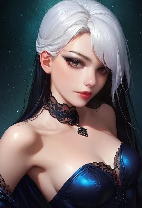 score_9, score_8_up, score_7_up, source_anime, extremely detailed, beautiful face, perfect hands, perfect body, realistic,
1girl, solo, perfect curves, long black hair, white hair, multicolored hair, pale skin, black makeup,
gothic dress, black lace choker, bare shoulders,