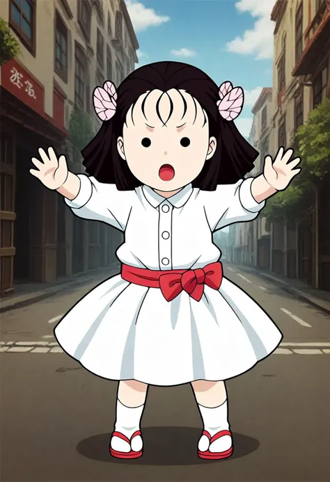 <lora:Hyper-SDXL-8steps-lora:1><lora:Fixhands_anime_bdsqlsz_V1:1> zPDXL2, score_9, score_8_up, score_7_up, source_anime, intricate details, perfect anatomy BREAK
1girl, solo, chibi, (ds-terauchikiyo, pink hair ribbon, pink butterfly hair ornament, medium hair:1.3), black hair, black eyes, collared shirt, white dress, pink obi, white skirt, white socks, sandal,
pantyshot, fighting stance, Confused, Wide-open eyes, a slightly furrowed brow, and a slightly open mouth.,
outdoors, city, tokyo, japan,
<lora:ds-butterfly_mansion_girls_XL(pony)v10:1>