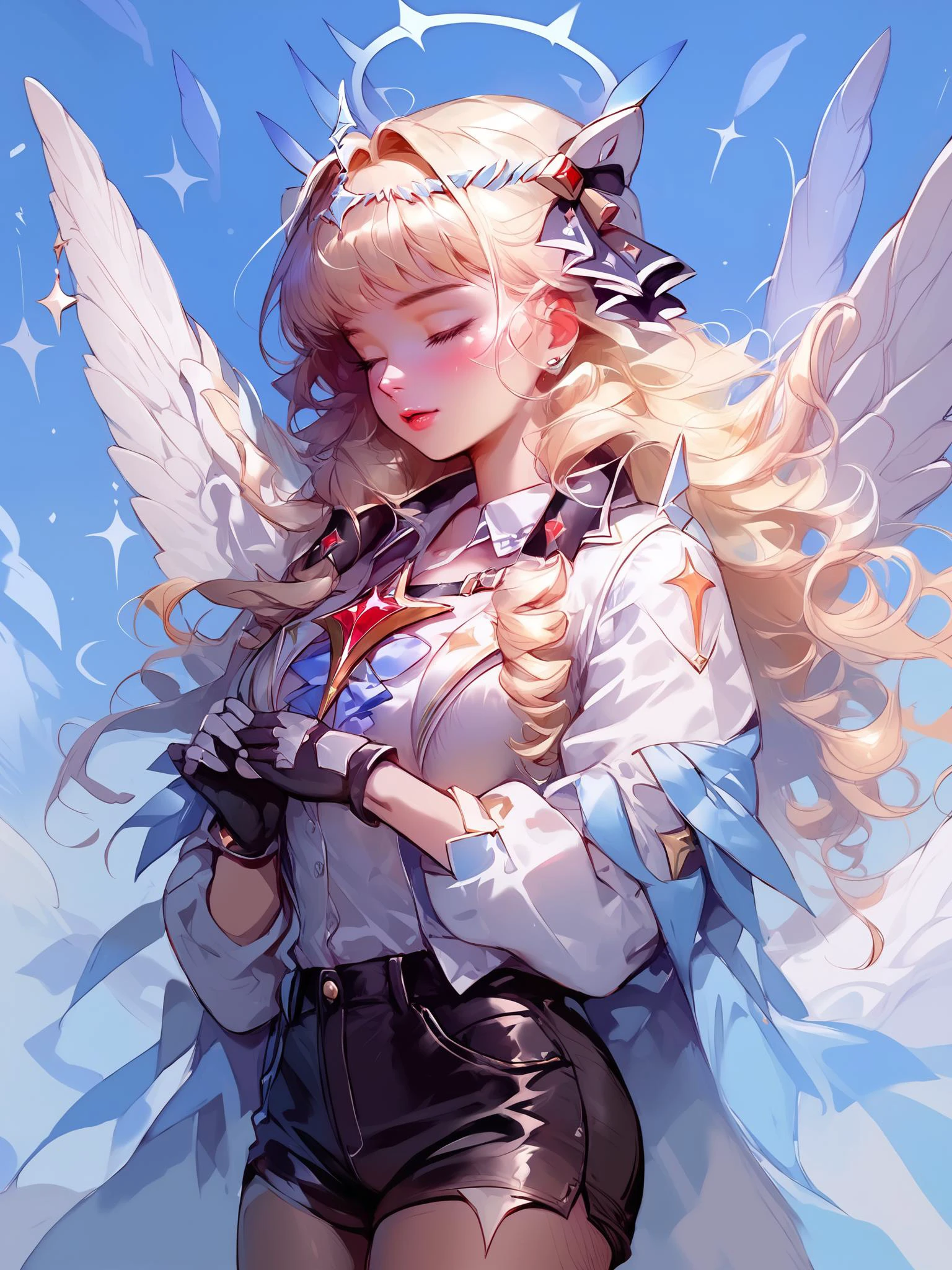 score_9, score_8_up, score_7_up, dreamcore, heaven, bloom light, skin light, close-up BREAK <lora:crown-nikke-richy-v1_pdxl:1>1girl, nikkecrwn, blonde hair, long hair, drill hair, tiara, hair ornament, headgear, blue eyes, white jacket, white shirt, brooch, center frills, black shorts, high-waist shorts, gloves, wings, armored boots, fishnet pantyhose,wide hips, thick thigh, holding spear of heaven <lora:w1ngsXLP:1>, w1ngs, angel wings ,halo
<lora:3th3r34lXLP:1> 3th3r34l
<lora:EnvyZoomSliderXL01:1>