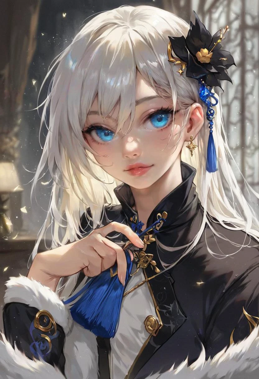 realistic, concept art, score_9, score_8_up, score_7_up, score_6, score_5, score_4, big adorable eyes, shiny skin, oiled skin,detailed_background,indoors,coat,ban tang siji qing,flower,black coat,blue robe,highres,smile,light particles,solo,floral print,long bangs,looking at viewer,closed mouth,cape,robe,male focus,tassel hair ornament,flower button,bird,blue eyes,hair between eyes,upper body,black flower,bird hair ornament,white hair,cael anselm,white cape,tassel,lovebrush chronicles,hair ornament,alternate eye color,buttons,1boy,long sleeves,weibo watermark,long hair,alternate costume,weibo logo,fur scarf,hair flower