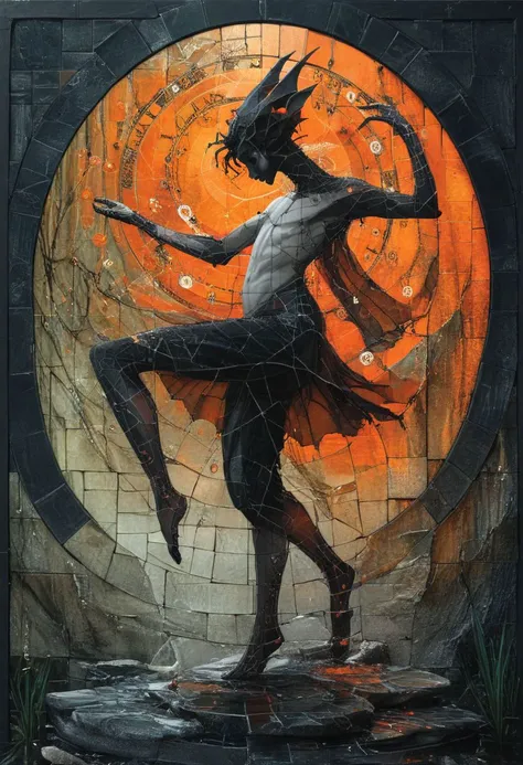 Vnnpr, Artme, pointy ears, oval eyes, slanty head, intoxicated gait, Male ancer weaving a t ablet spell, in the style of tarot cards, tarot card, black background, black and orange, simple drawing art style, line art, one color only,
Snkmn, the snakeman summons his arcane protectors the whirling ervishfrik s from a prepared spell of summons creature. The living snkmn twirl around her and make a protective ring in blacl and orange, and white, tge devil: Fresh limestone and charcoal, fvuschia flowers ymhigh contrasting nlacks and whitrs ,Artwork that blends intricate patterns and surreal landscapes with a rich tapestry of symbolism and narrative depth. The composition should weave together the ethereal fantasy of fairy tales and the complex geometry of infinite illusions, all while deeply rooted in cultural and historical symbolism. It should feature elaborate detail, with a color palette that evokes both the luxurious gold and intricate patterns characteristic of Art Nouveau, and the stark, expressive contrasts found in narrative-driven illustrations. This artwork should transport the viewer to a realm where the boundaries between reality and the imagined blur, reflecting a deep appreciation for the mystical, the mythical, and the profoundly human, Apt