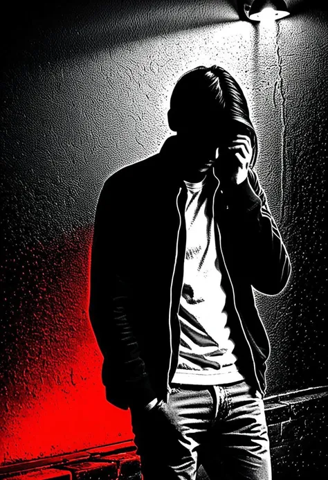 I feel the pain in the dark, depression, alone, monochrome, pop of colors, extremely detailed,