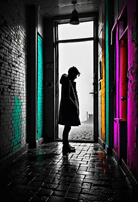 I feel the pain in the dark, depression, alone, monochrome, pop of colors, extremely detailed,
