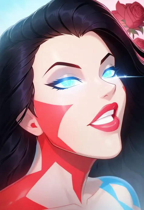 impactful paint of a girl, highly detailed, 8k, sharp, professional, clear, high contrast, high saturated, vivid deep blacks, crystal clear, Glow Skin, Roses in the Background, Cinematic Lighting Filter, Neon, Thick Lips, Perfect Face, Long Black Hair, Pale Skin, Perfect Teeth