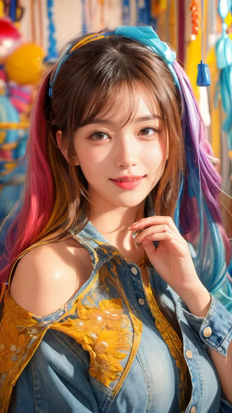 (Realistic),masterpiece,best quality,cinematic lighting,natural shadow,highest detail,professional photography,detailed background,depth of field,insane details,intricate,aesthetic,detailed face,subsurface scattering,looking at viewer,
1girl,full body,light smile,charming,20yo,Long Hair.shiny hair,(md colorful),Denim shirt dress,Gingham,Smiling,
artisanal creations, handmade goods, unique designs, intricate details, creative expression, skilled craftsmanship,
<lora:add_detail:1>,<lora:20231004-1696408610897:0.8>,